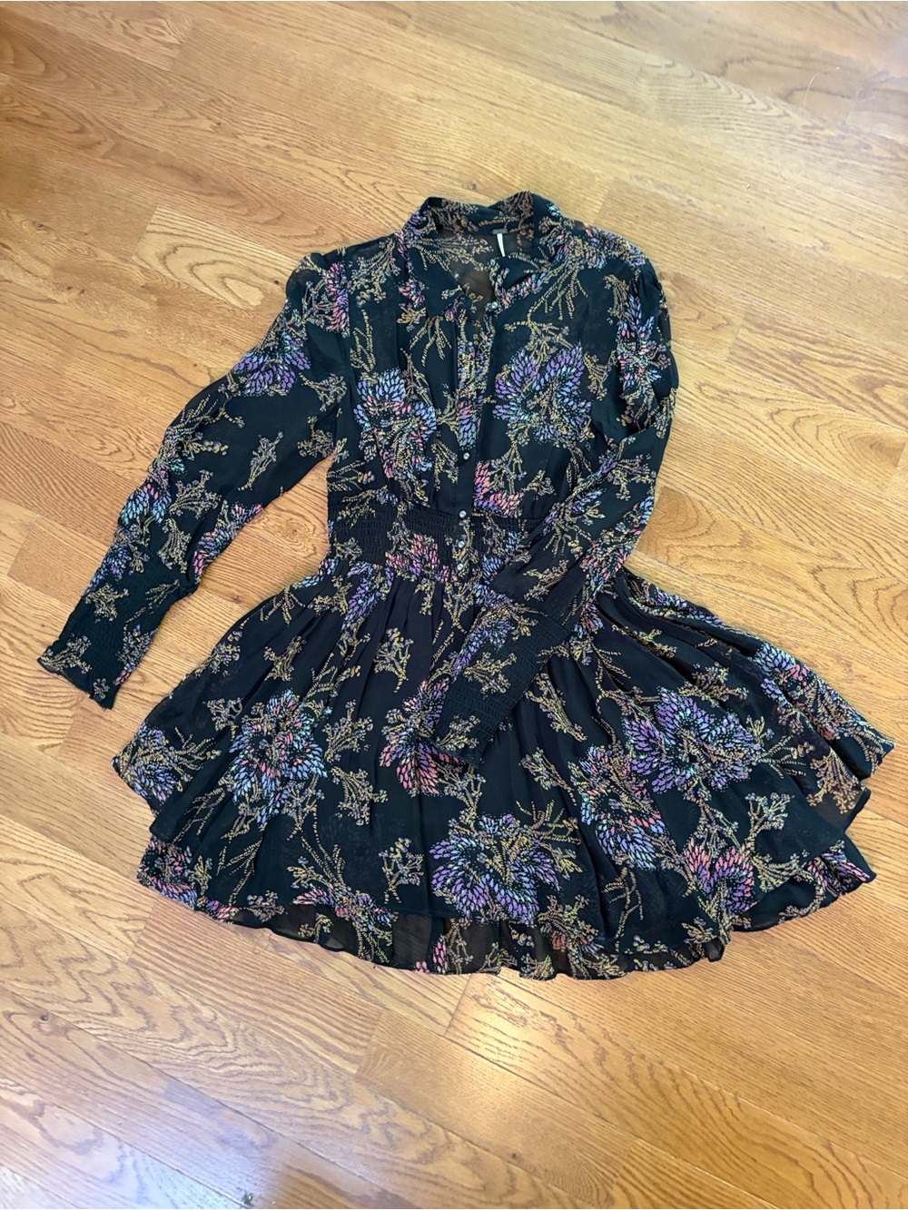 Free People Floral Black Sheer Long-Sleeve Fit and Flare Dress